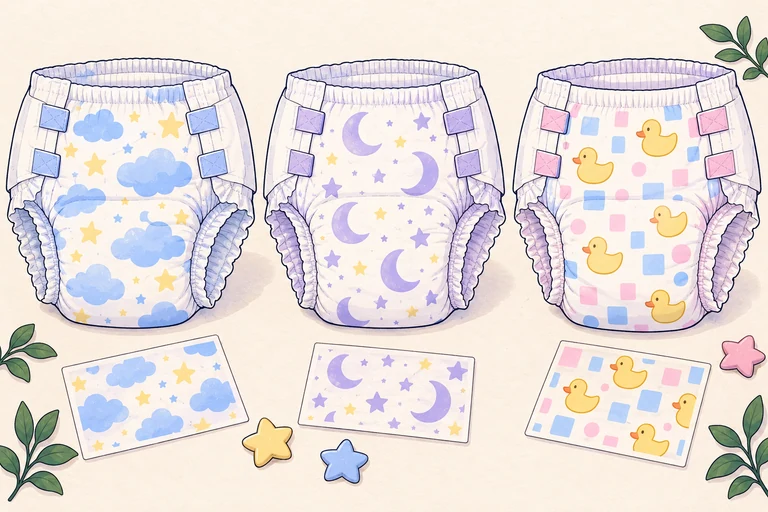 Concept artwork of unused adult diapers with cloud, moon and duck prints beside coordinated pastel swatches