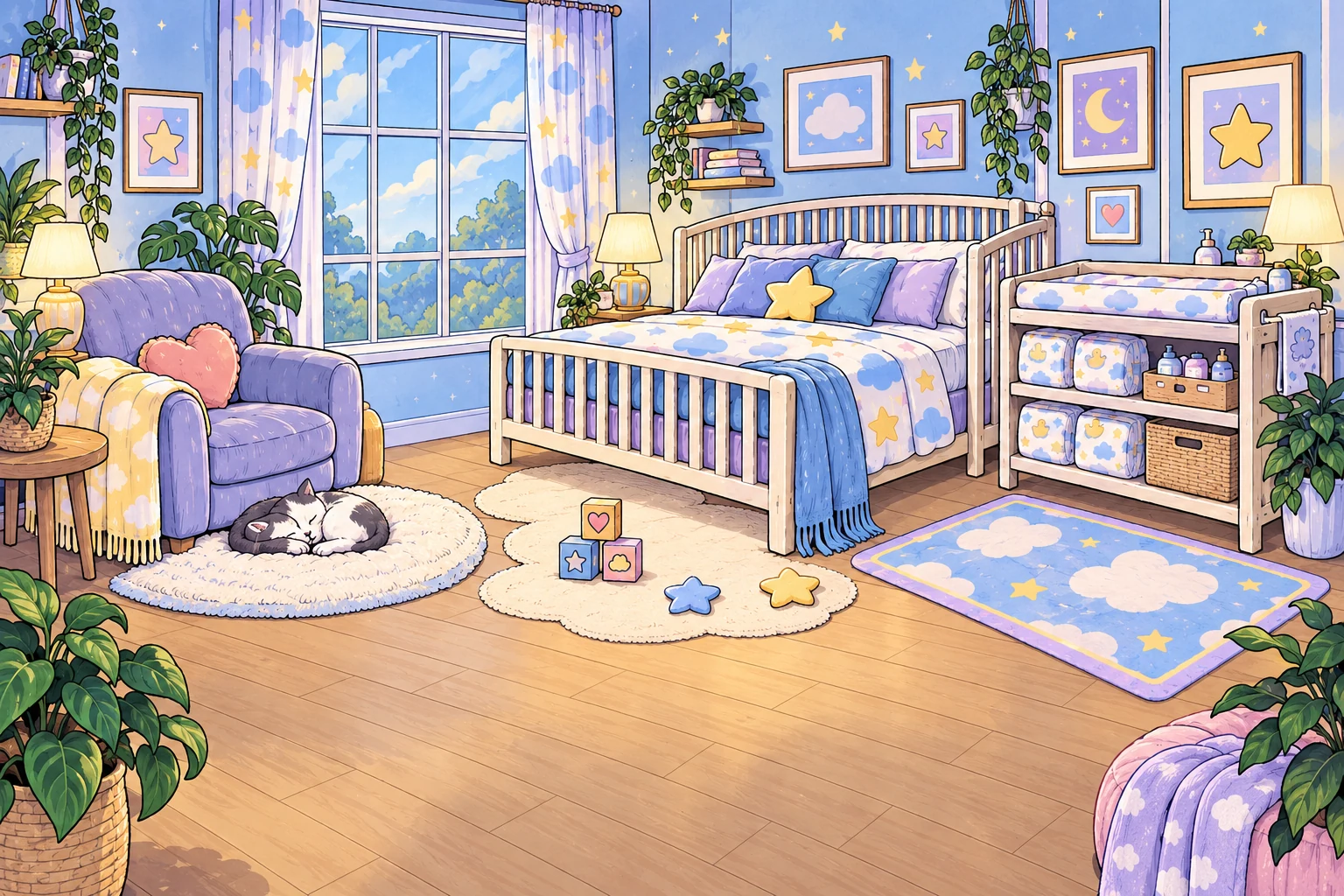 Original illustrated adult-sized nursery with a large crib, lounge chair and changing table, designed for adults 21+