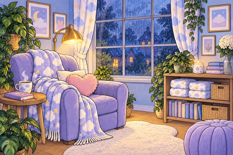 Concept illustration of a full-size adult comfort room with a lounge chair, warm lamp and rainy window